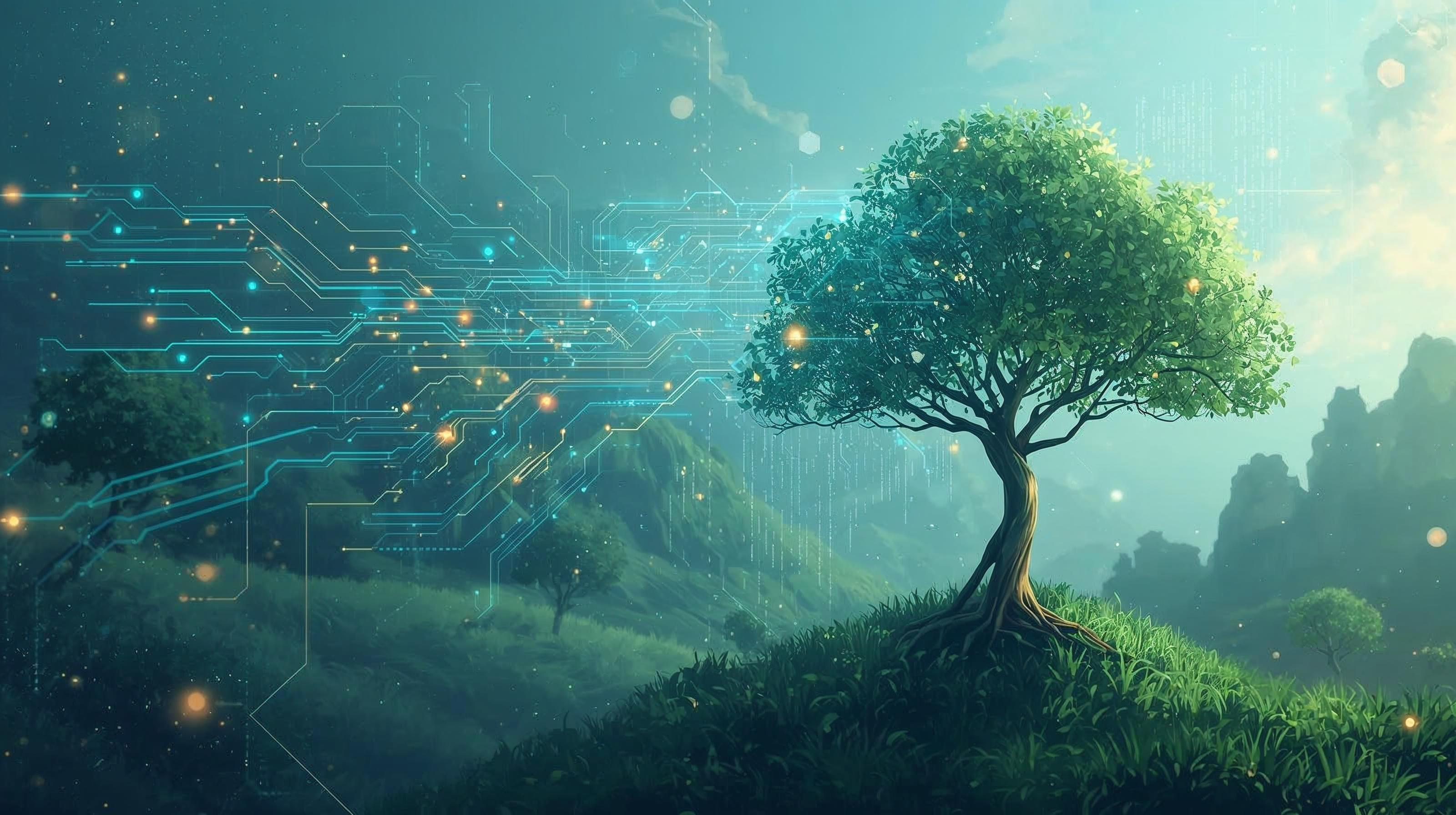 A tree growing from a landscape with glowing digital circuit branches, representing data-led sustainable growth